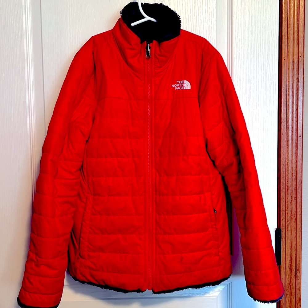 Pink-salmon-coral reversible moss bud coat. Girls large (14-16)